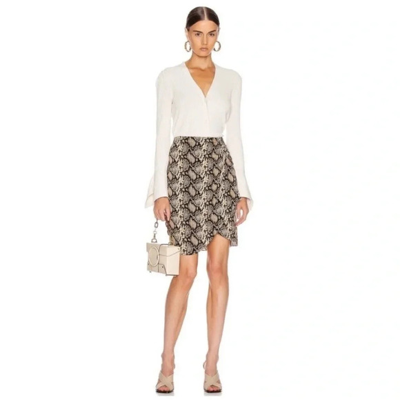 Nili Lotan Hazel Snake Print Silk Mini Skirt Faux Wrap Banded Waist Khaki NEW 6 - Picture 4 of 16